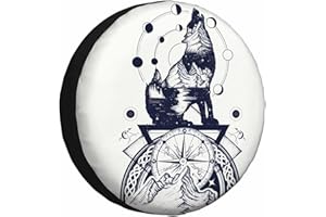 MIYASANG Wolf and Mountains Spare Tire Cover Tattoo Art Tribal Wildlife Compass Husky Totem Werewolf Weatherproof Universal Wheel Protectors Camper Tire Covers for Trailer Rv Travel(17 inch)