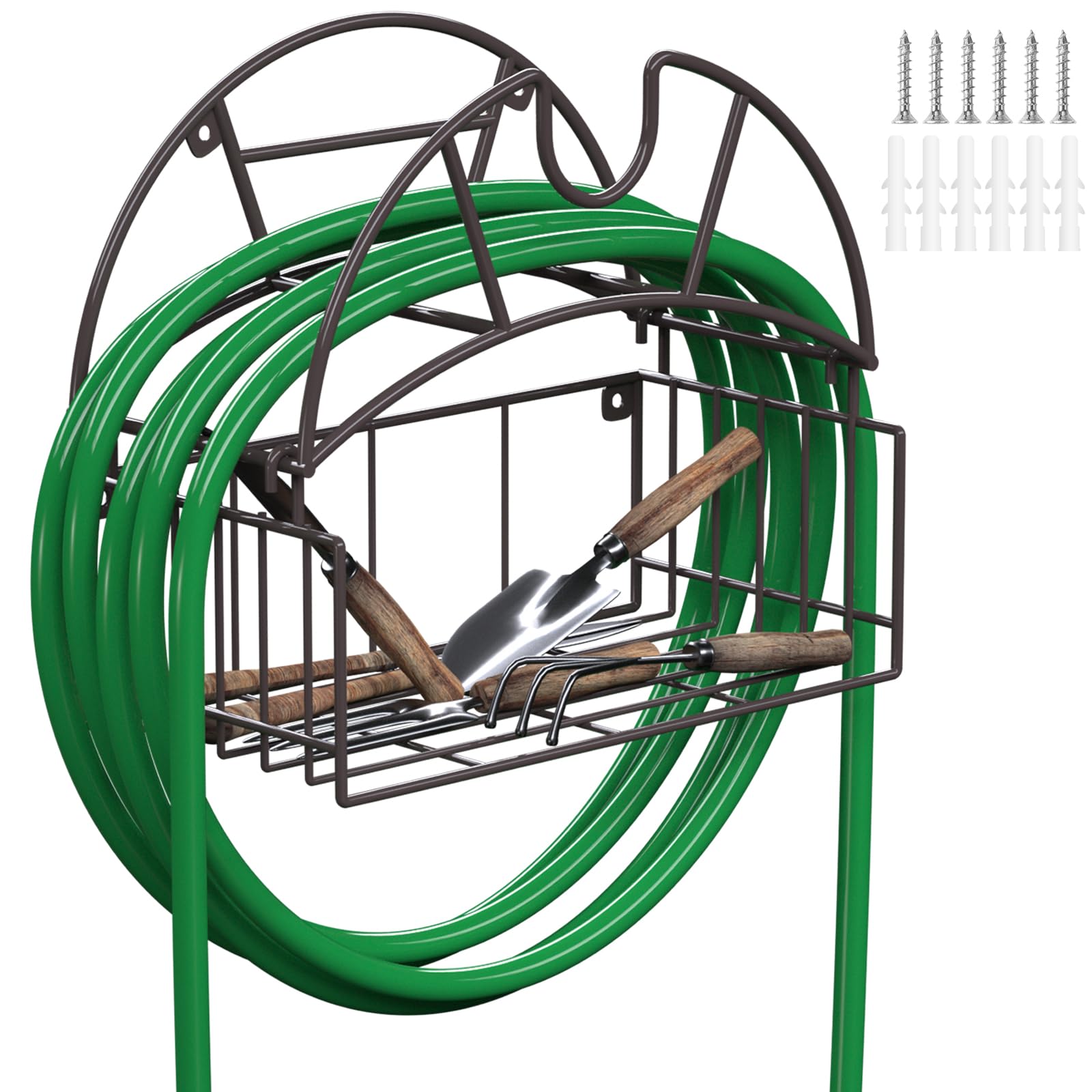 Wall Mount Garden Hose Holder,Heavy Duty Water Hose Holder with Tool Storage Basket,Metal Hose Organizer Holds Up to 150Ft,Decorative Hose Hanger for Outside Yard,Garden