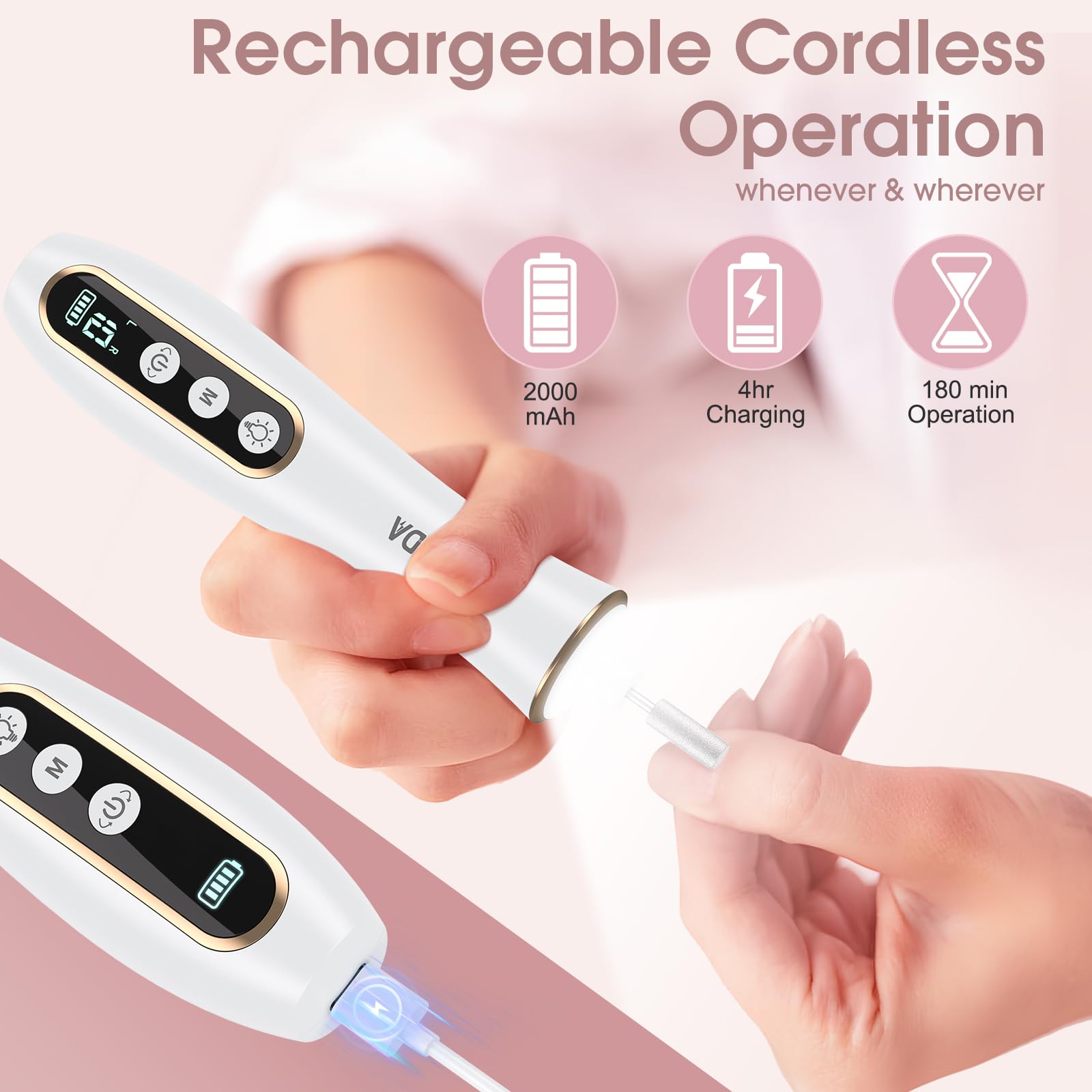 Professional Manicure Pedicure Kit, Cordless Electric Nail Drill with 360° LED light&10 Speeds, Rechargeable Pedicure Tools for feet, Hand Foot Care Nail Drill for Thick Nail Toenail Cuticle Women Men - Image 6