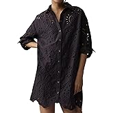 CHARTOU Women Eyelet Lace Dress Button Down Shirt Loose Fit Summer Casual Mini Dress