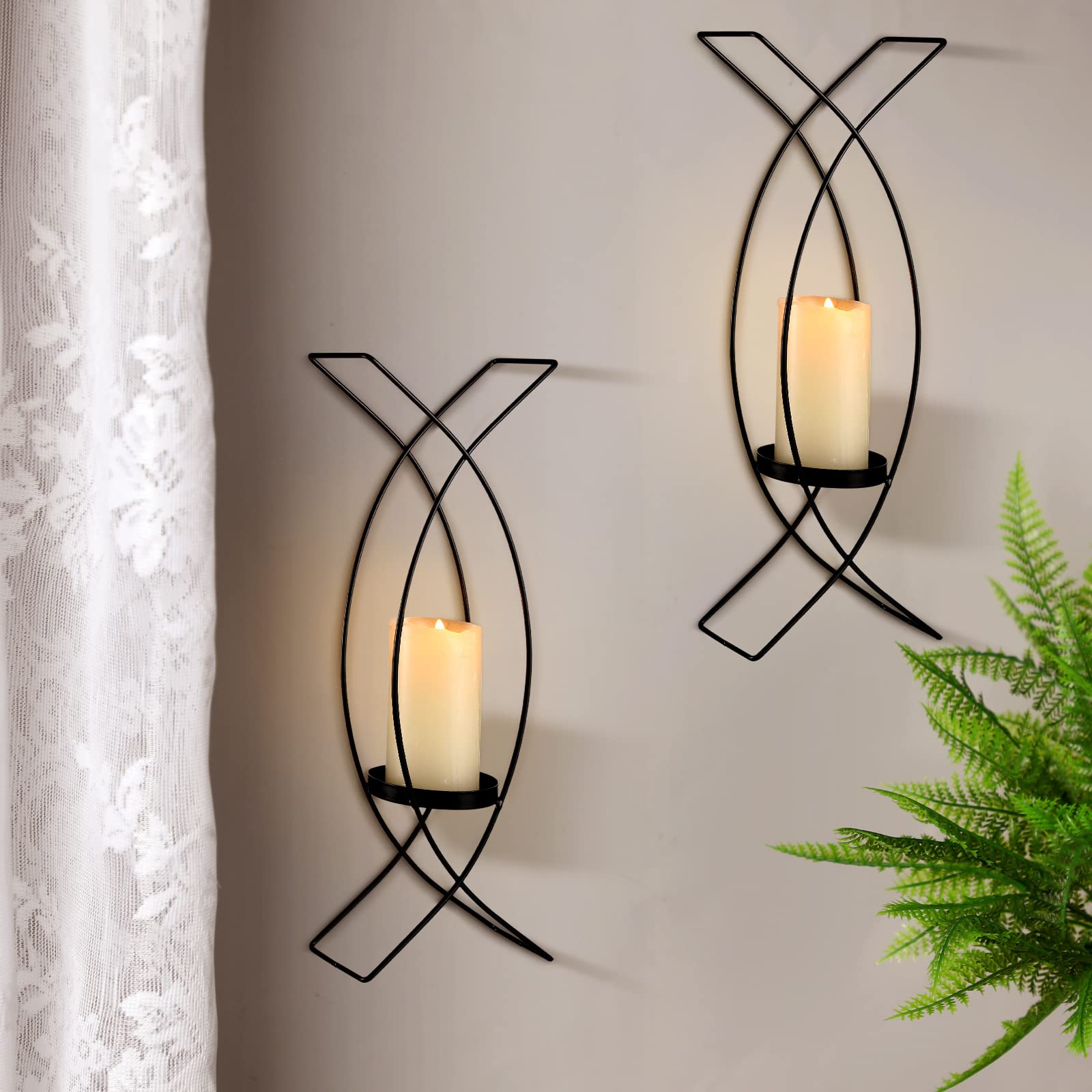 Vesici Set of Two Metal Sconces - Wall Decor Candle Holders for Living Room, Bedroom & Dining Room, Black