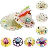 Only Lovuu 10Pcs DIY Straw Hats Set, 5 Laciness White Straw Hats + 5 Round White Straw Hats for Kids Creative Art Painting & DIY Tea Party Dress Up Hats