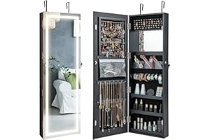 CHARMAID LED Mirror Jewelry Cabinet, 47.2'' Jewelry Armoire with Adjustable Lighted Full Length Mirror, Wall Mounted or Door Hanging, Lockable Jewelry Organizer Storage (Black, 47.2''H)