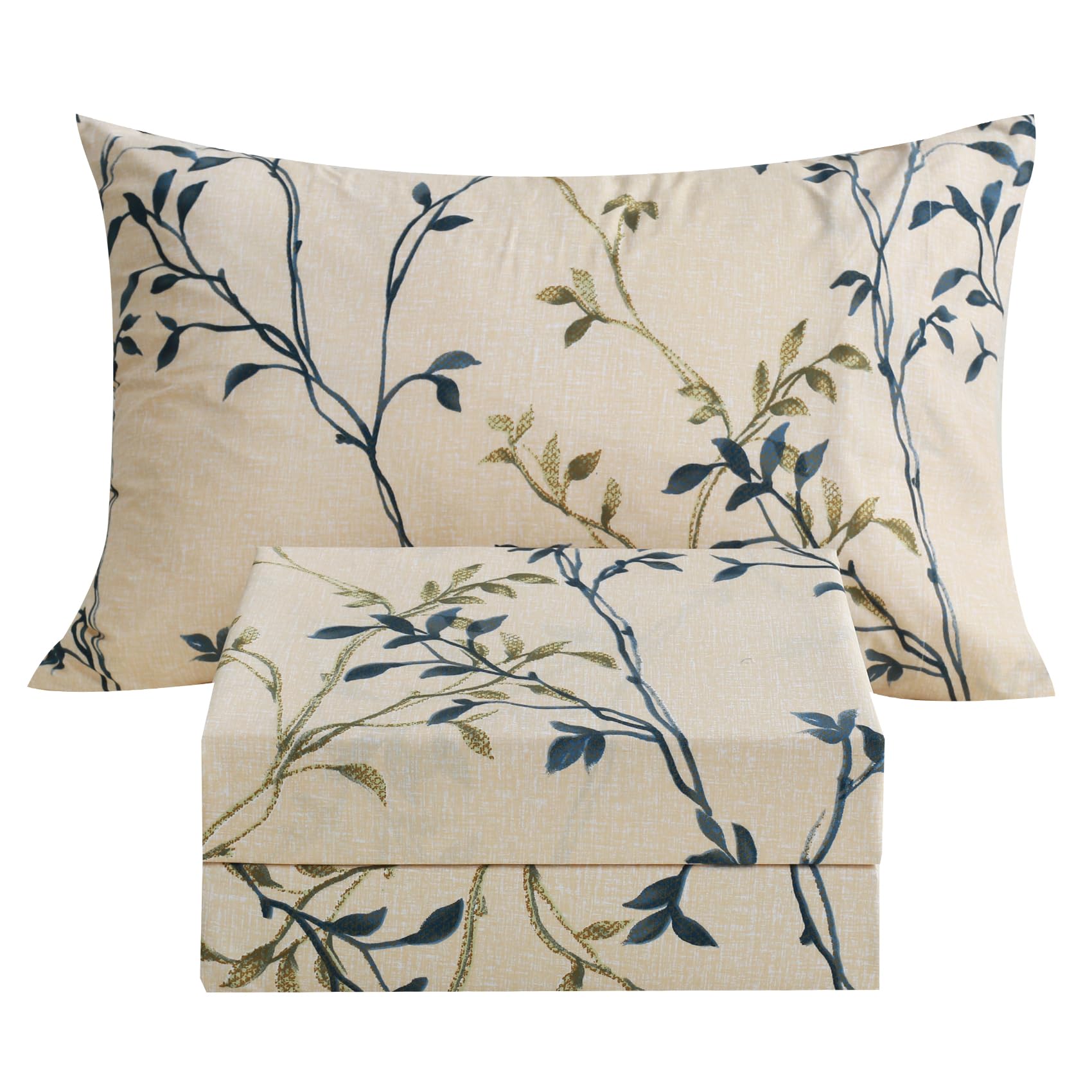 Photo 1 of JSD Beige Leaves Print Sheet Set Twin Size, 3 Piece Soft Botanical Microfiber Sheets Extra Deep Pocket