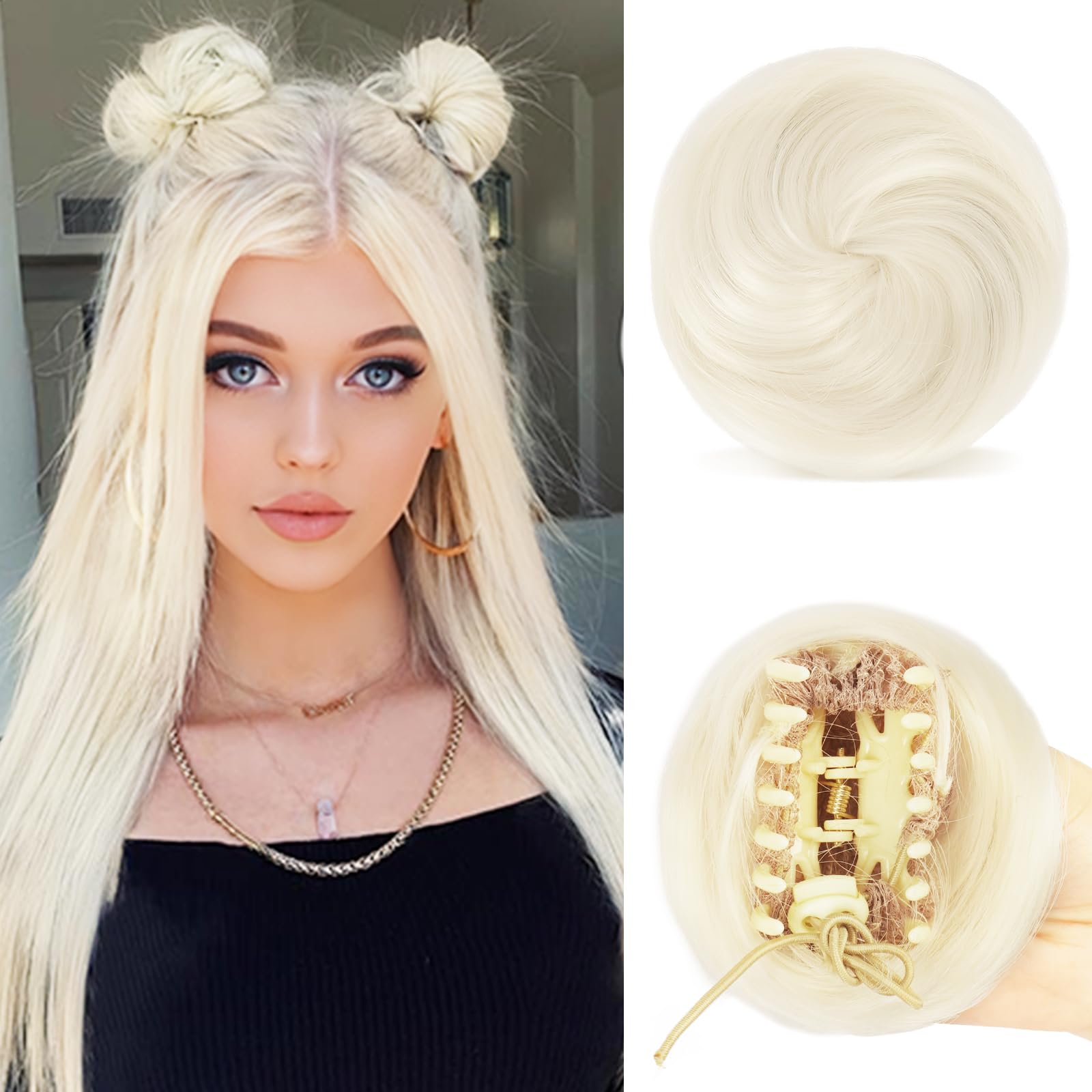 Sofeiyan 2PCS Mini Claw Clip in Hair Bun Messy Cat Ears Hair Bun Extension Synthetic Donut Wig Accessory Updo Space Bun Hair Pieces for Women Girls