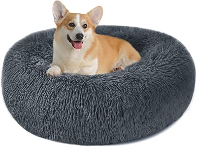 Nepfaivy Calming Dog Cat Donut Bed 23.6in Dark Grey Non-Slip Washable