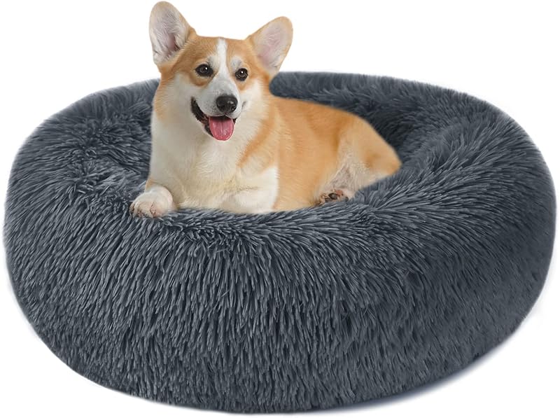 Nepfaivy Calming Dog Cat Donut Bed 23.6in Dark Grey Non-Slip Washable