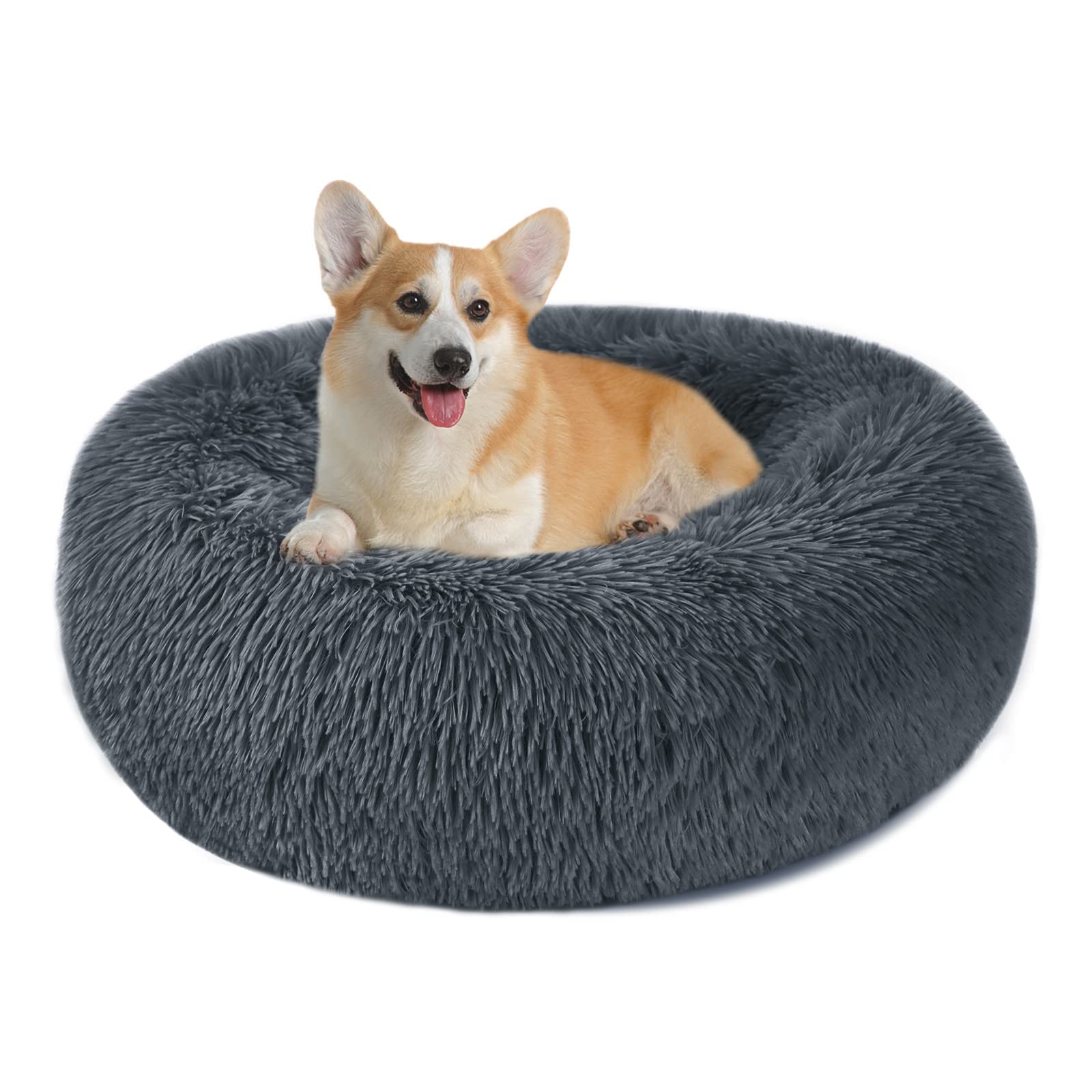 Nepfaivy Calming Dog Cat Donut Bed - 23.6in Fluffy Plush Puppy Kitten Cuddler Round Bed, Warm and Soft Pet Cosy Anti Anxiety Beds with Non-Slip Bottom and Washable(L-60CM, Dark Grey)