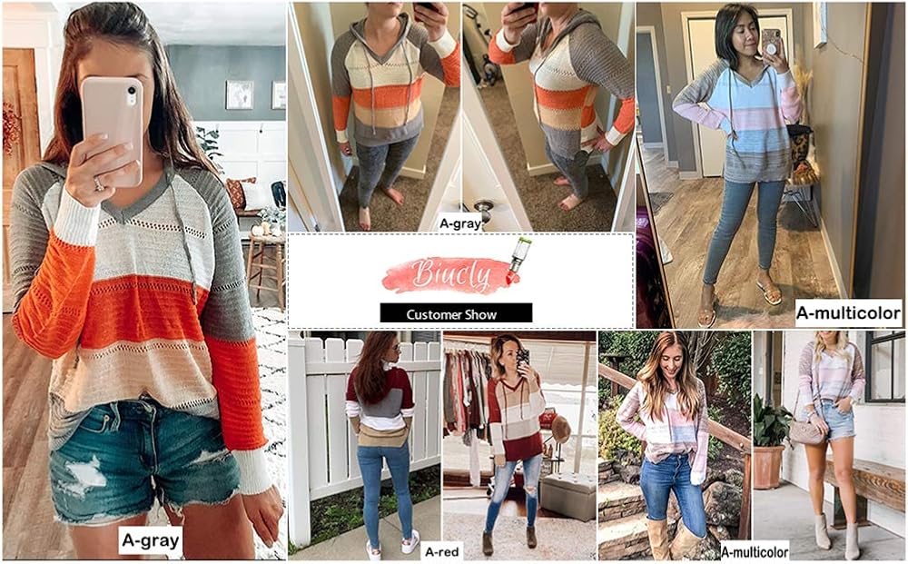 Biucly Women's Lightweight Color Block Knit Hoodies Sweaters Loose Long Sleeve V Neck Drawstring Pullover Sweatshirts(S-3XL): Clothing