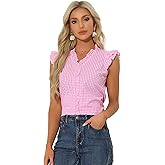 Allegra K Gingham 50s Tops for Women's Cute Cap Sleeve Ruffle Plaid Shirt