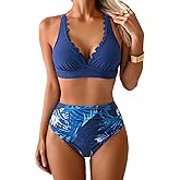 Aidonger Womens Bikini Set Tummy Control Ruched Two Piece Swimsuit Scalloped V Neck Criss Cross Tie Back Bathing Suit