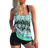 MODLILY Two Piece Tankini Swimsuits for Women, Modest Coverage Print Bathing Suits, A-line Tank Top with Boyshorts