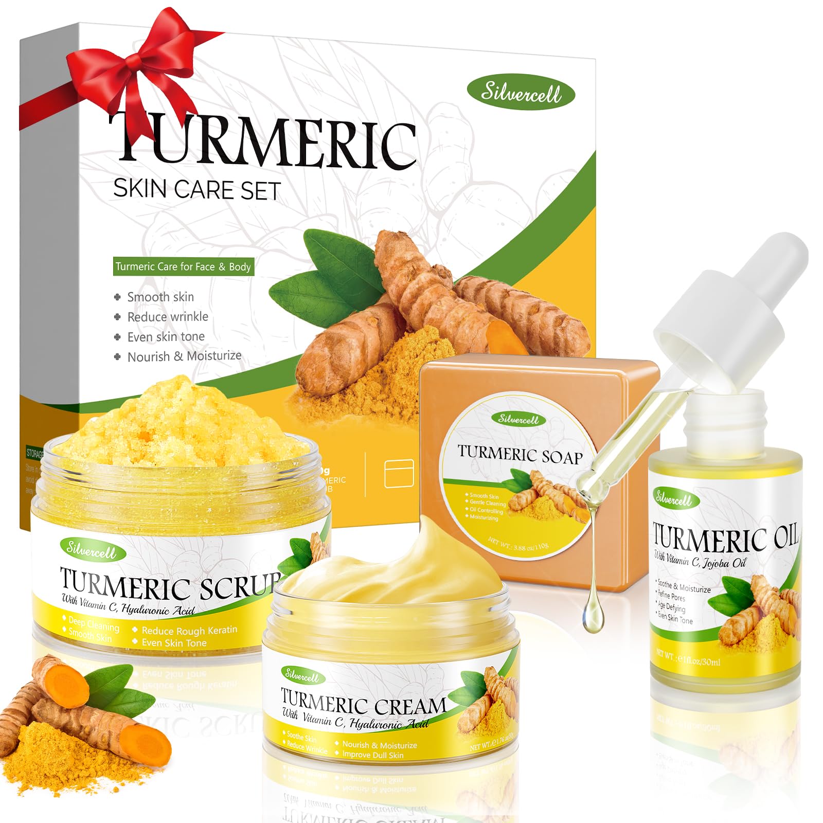 Weixinbuy Turmeric Skin Care Gift Set - Even Tone with Vitamin C, 4 In 1 Skincare Set Include Turmeric Soap, Scrub, Face Cream, Oil - Face Moisturizer for Women