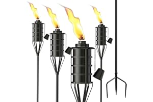 FALBAWR Upgraded Citronella Garden Torch Set of 4, Large Capacity 16oz Metal Torch for Outside, 59.5 Inch Black Home Torches with 3-Prong Grounded Stake, Metal Torch Light for Party Patio Pathway