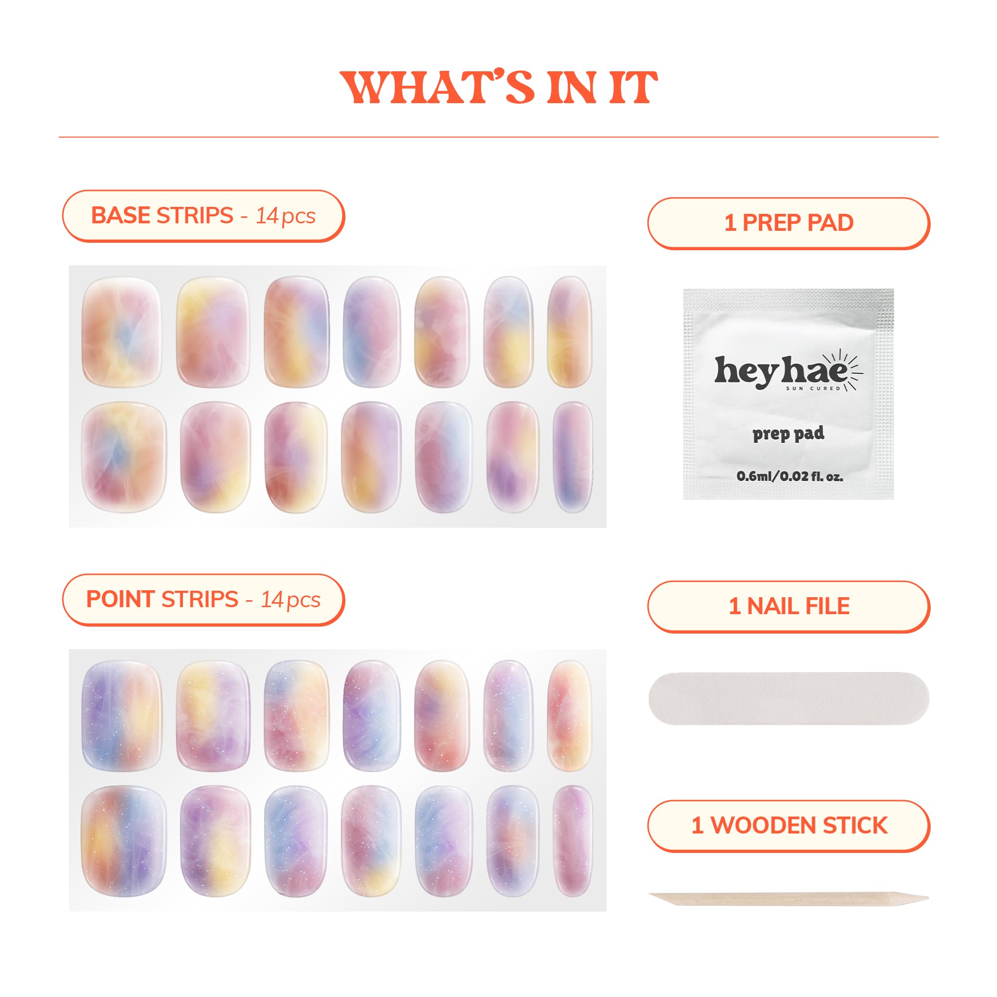 Heyhae Semi Cured Gel Nail Strips | Spring Nails No LED Lamp Needed Easy Apply & Remove | Includes 28 Strips, 1 Prep Pad, 1 Nail File & 1 Wooden Stick - Hey, Sunset Drive? - Image 4