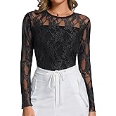 AKEWEI Womens Sexy Sheer Mesh Long Sleeve Tops Crew Neck Double Layered Tee Shirts Going Out Party Club Night Lace Blouse