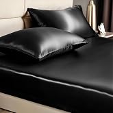 BEDELITE Satin Fitted Sheet &amp; Pillowcases Set, Full Size, Black, 3 Pieces | Luxury Soft Silk-Like Fitted Sheet Set, 15 Inch Deep Pocket, Elegant Smooth and Reduces Friction, Gentle on Hair and Skin