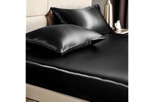 BEDELITE Satin Queen Fitted Sheet & Pillowcase Set - 3-Piece Luxury Soft Silk-Like with 1 Deep Pocket Fitted Sheet (Fits 15" Mattress) & 2 Pillowcases, Elastic Corner Straps (Black)