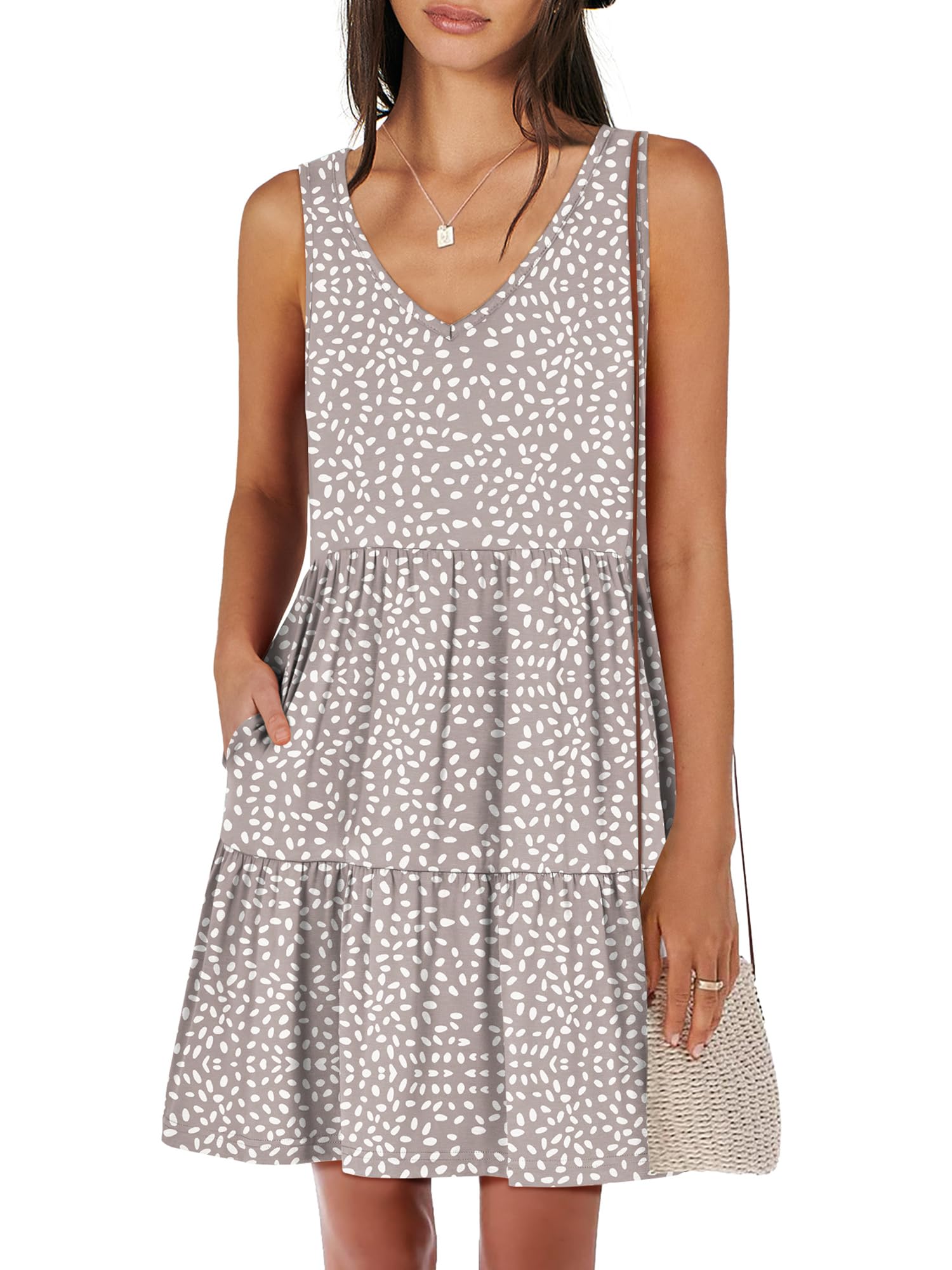 Photo 1 of ANRABESS Womens Summer Casual Tank Dress Sleeveless V Neck T Shirt Sundress Flowy Tiered Swing Mini Beach Vacation Dresses Khaki Polka Dot Small