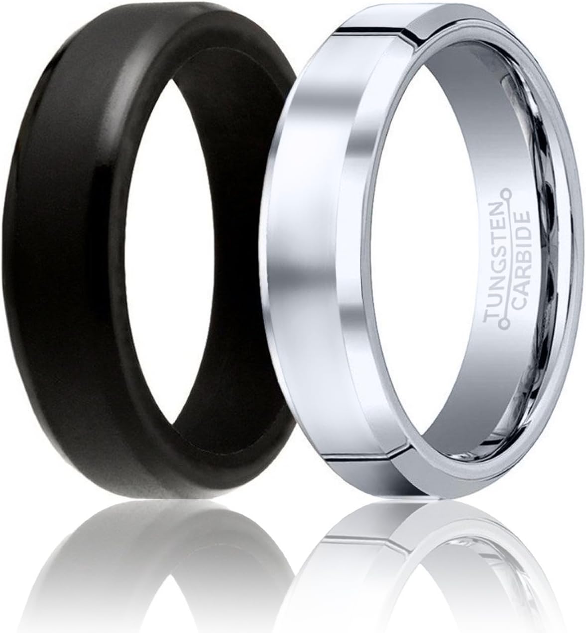 SOLEED Twins - Set of 2-1 Black Tungsten Wedding Band, Brushed Top, Step Edge and 1 Black Silicone Rubber Wedding Ring for Men, 8mm, Size 12