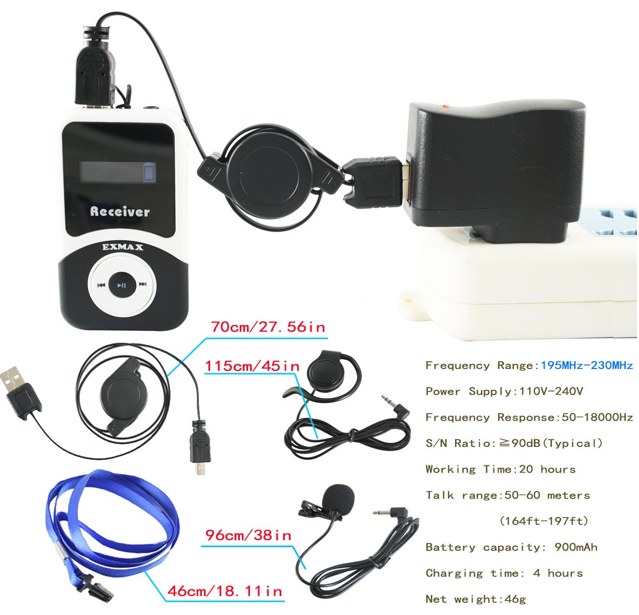 EXMAX ATG-100T 195MHz Wireless Tour Guide System Headsets Voice Transmission For Simultaneous Church Translation Translator Interpretation Equipment Teaching Conference Trip(1 Transmitter 6 Receivers)