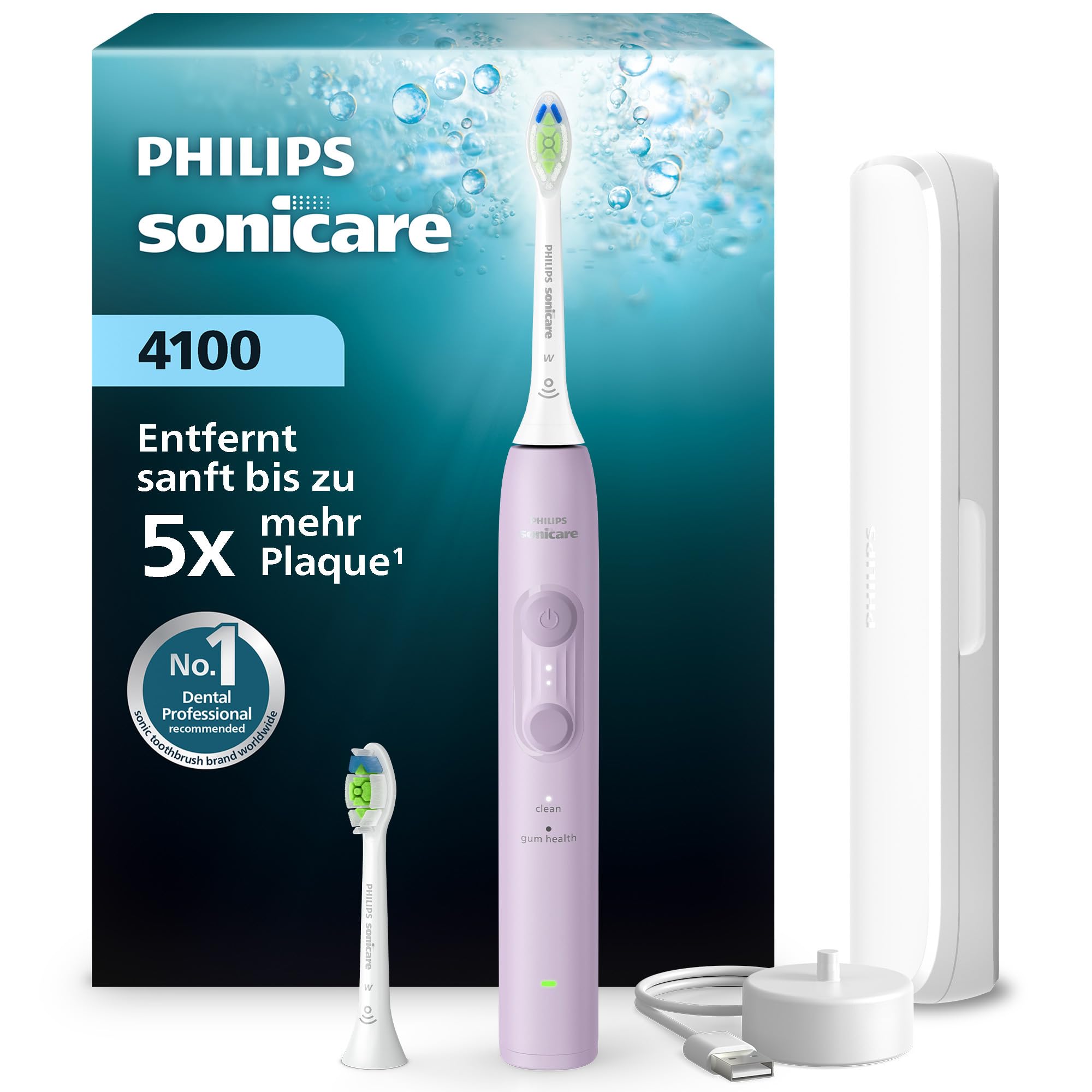 Philips Sonicare Series 4100 Elektrische Zahnbürste – Schallzahnbürste mit Drucksensor, 4 Putzeinstellungen, EasyStart-Funktion, SmarTimer, 21 Tage Laufzeit, Lila, HX4042/47, [Neu]