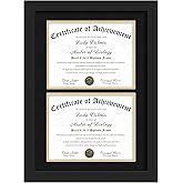 Picrit Double 8.5x11 Black Wood Diploma/Document Frame with Tempered Glass & Black over Gold Mat, and Display 14x20 Degree Certificate Frame without Mat for Wall, 1 pack