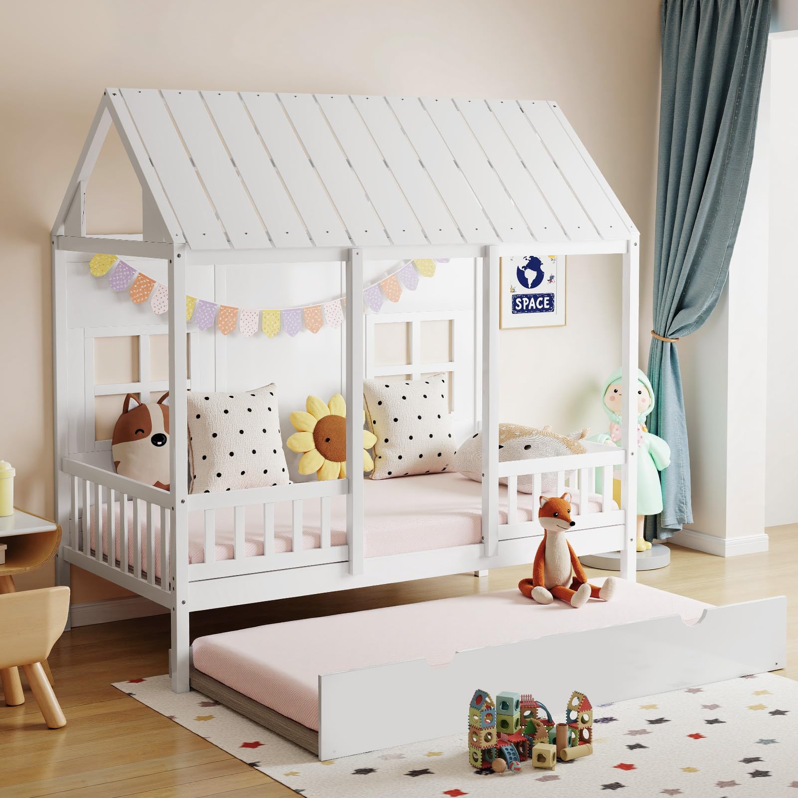 Photo 1 of ***(PARTS ONLY - SELLING AS IS )*** Sweetcrispy Twin House Bed with Trundle, 77.95'' Wooden Playhouse Bed Frame for Kids with Safety Rails & Window, Freely Decorative Roof, Kids Bed for Teens Boys Girls Bedroom