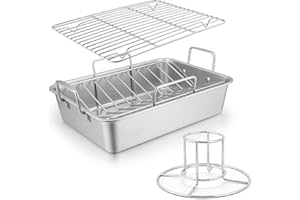 Leonyo Large Turkey Roasting Pan With Racks, 16 x 11.5 Inch Stainless Steel Turkey Roaster Pan with Beer Can Chicken Holder, Rectangular Non-toxic & Heavy Duty Deep Broiling Pan, Dishwasher Safe, 4Pcs