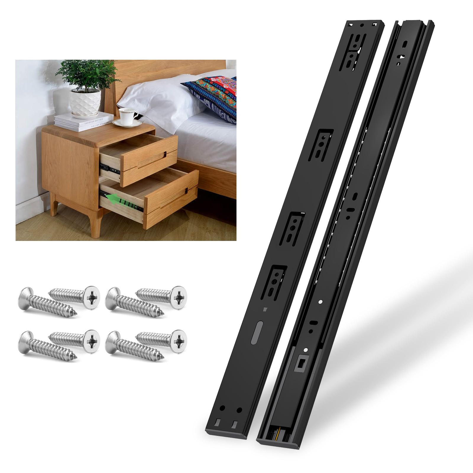 NECILO Soft Close Black 500mm Residential Drawer Runner, 45kg Load Capacity Soft Close Full Extension Ball Bearing, Replacement Slides for Kitchen, Home, Office Drawers, Side Mount, 1 Pair(2 Packs)