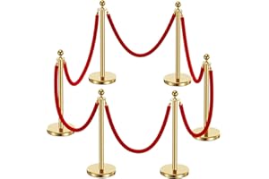 CAMMOO 6pcs Sturdy Gold Stanchion Posts and 6pcs High Quality Red Carpet Velvet Ropes, Water/Sand/Concrete Fillable Leakproof Base, Crowd Control Barriers for Birthday, Prom, Business, Wedding