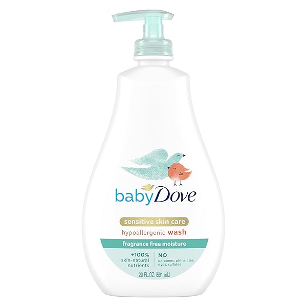BABY DOVE SENSITIVE SKIN CARE BABY WASH FOR BATH TIME, MOISTURE FRAGRANCE FREE AND HYPOALLERGENIC, WASHES AWAY BACTERIA 20 OZ