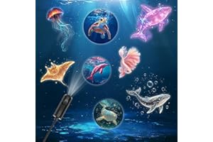 Ocean projection light with 8 interchangeable marine life light panels (whale, jellyfish, sea turtle), USB powered, 360° rota
