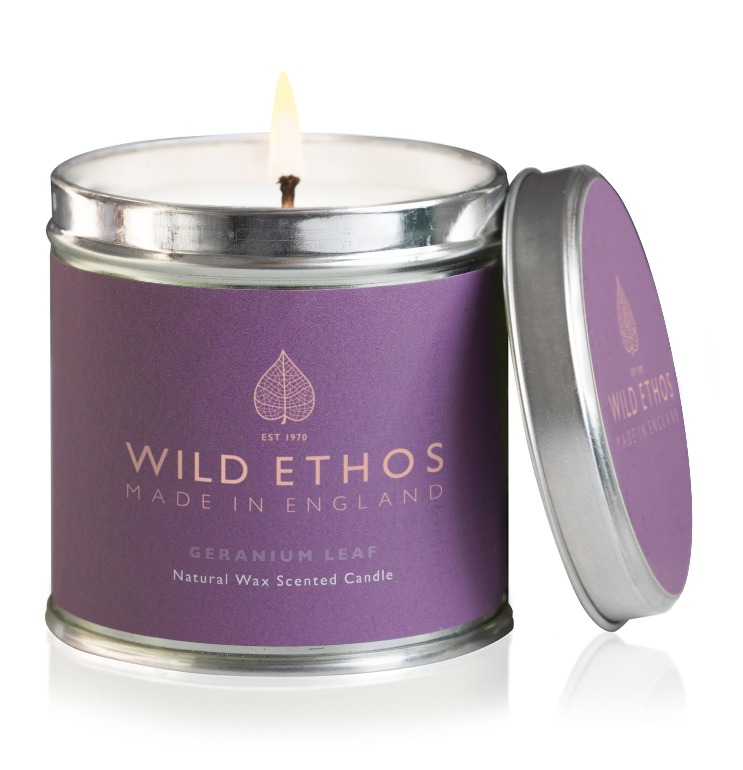 Wild Ethos Naturals Premium Scented Natural Wax Tin Candle - Geranium Leaf Scent - Hand-Poured in UK - Burn Time 40+ Hours - Natural Ingredients for Less Smoke & Slow Burn