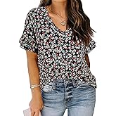 TIYOMI Women's Plus Size Tops Short Sleeve Flower Shirts 3X V Neck Pullover Black Floral Blouses Loose Fit Summer Ruffle Tunics 3XL 22W 24W