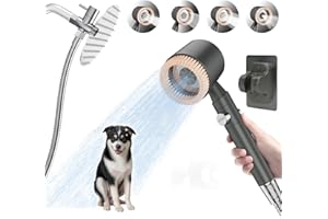 BRACEMUNDO Dog Shower Attachment,Soft Brush Dog Shower Head with ON/OFF Button,5 Spray Options,Metal Diverter,6.5 Feet Stainless Steel Shower Hose,Adhesive Shower Holder,Pet Shower Attachment Home Indoor Use