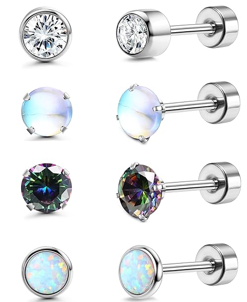 FIOROYAL 4 Pairs Titanium Earrings Studs Flat Back Earrings for Women Men Opal Moonstone Onyx Cubic Zirconia Cartilage Flat Back Earrings Stud