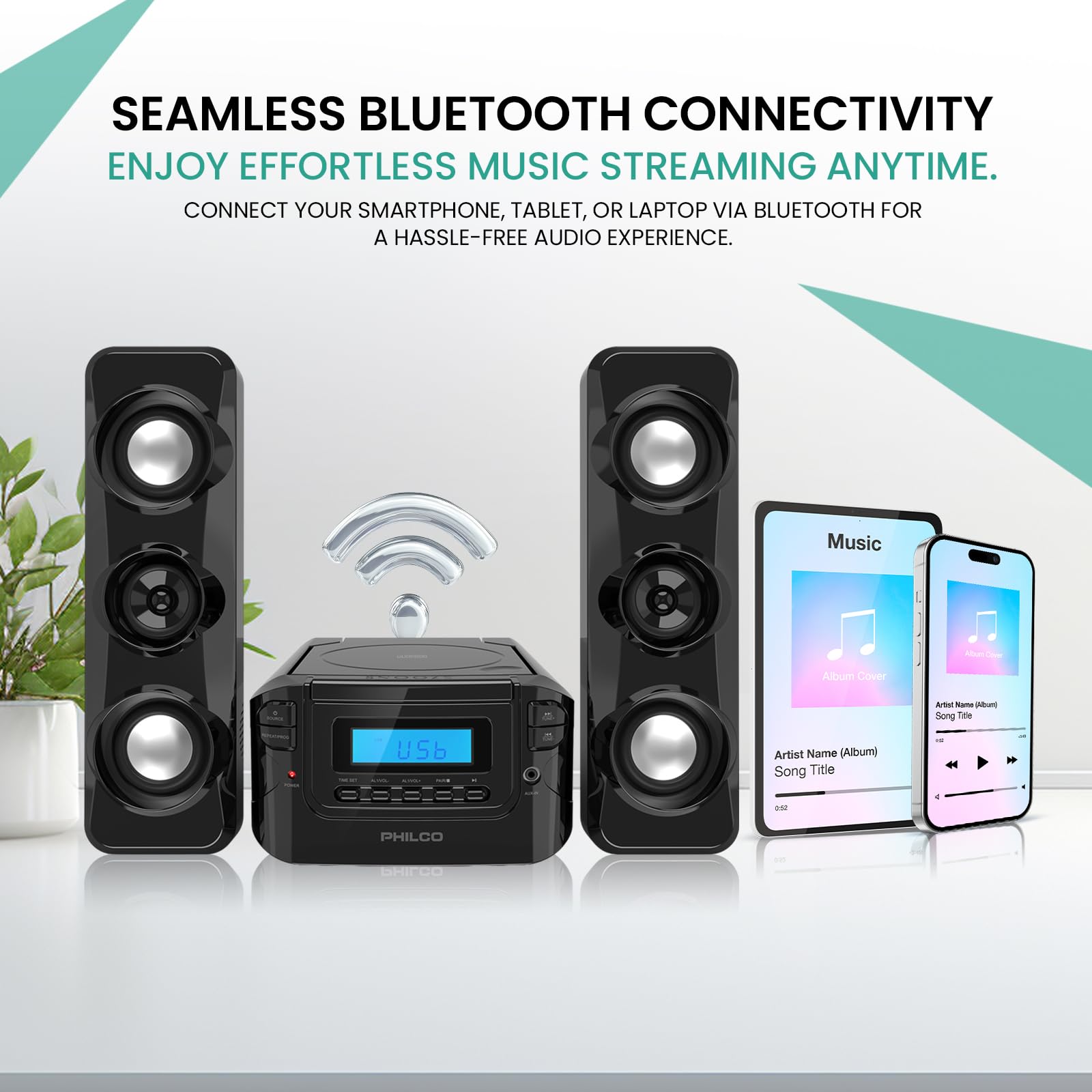 Philco Stereo Shelf Systems Compact CD Shelf System with Digital FM Stereo Radio, Bluetooth Wireless Technology, and Remote Control in Black | LCD Display | MP3 & AUX Port Compatible | USB Playback
