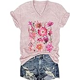 Vintage Flowers V Neck Shirt for Women Boho Floral Wildflowers Graphic Tee Casual Summer Vacation Beach Short Sleeve T Shirt