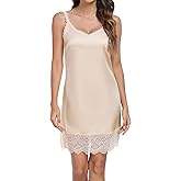 MOSCOAL Stain Full Slip for Women Under Dresses Lace Trim Underdress Slip Nightgown V Neck Sleepwear