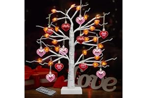 Alighter Valentines Day Decorations 24in Valentine's Lighted Trees with 12Pcs Heart Ornaments LED Artificial Birch Tree Lights for Home Tabletop Twinking Tree Remote Wedding Valentines Party Favors