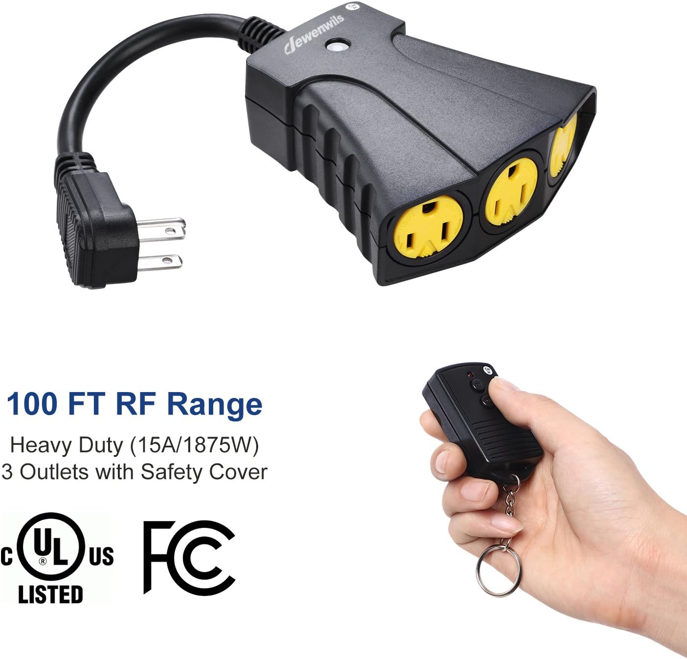 DEWENWILS Remote Outlet Power Switch, Outdoor Wireless Remote Control Outlet Kit, Weatherproof 15 AMP Heavy Duty Electrical Plug, 3 Grounded Outlets, 100ft Long Range, UL Listed - - 