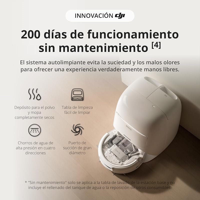 DJI Romo Um robô aspirador e esfregão com robô transparente, sucção de 25.000 Pa, deteção a nível de drone, braços robóticos duplos, 200 dias de operação sem manutenção