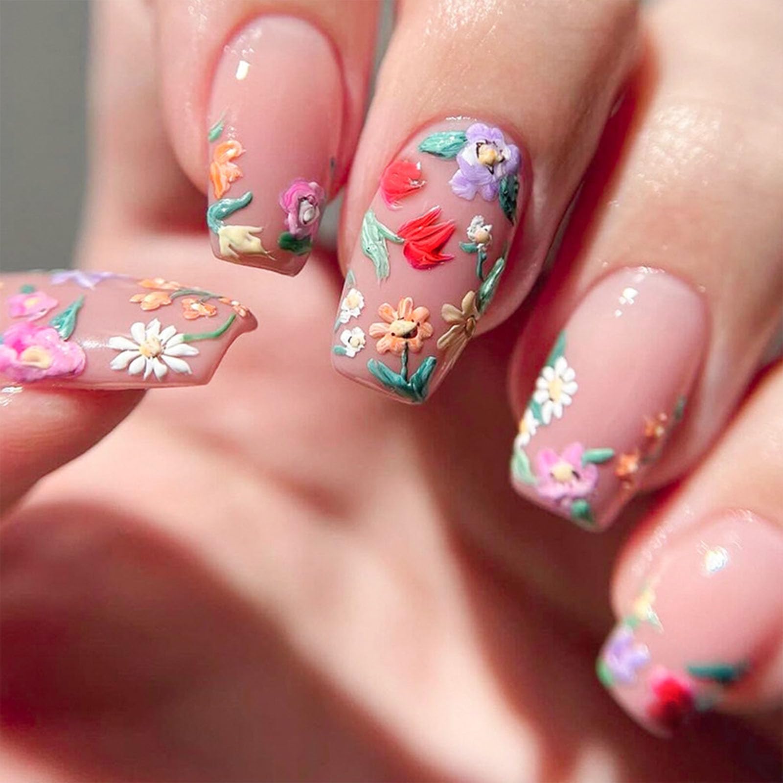 Flower Press on Nails Medium Cute Colorful 3D Flowers Fake Nails Square Acrylic Nails Press ons Colorful Floral Full Cover Glossy Spring and Summer Stick Glue on Nails for Women Girls 24 Pcs - Image 2