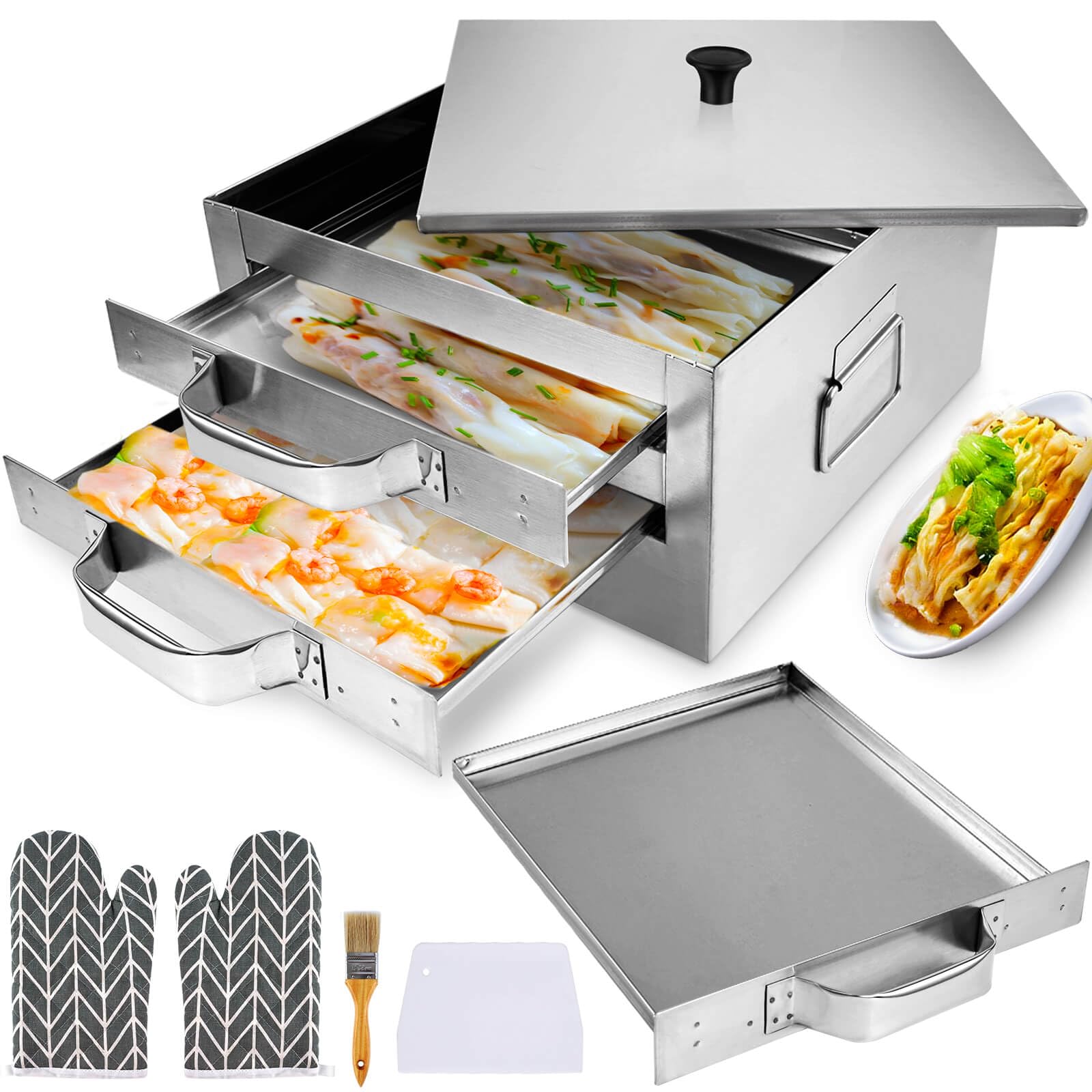 Photo 1 of Gasgimos 2-Layer Rice Noodle Roll Steamer, with Extra Steam Tray, Stainless Steel Top Open Rice Roll Steamer, for Home Use, Chinese Cheung Fun Cuisine Recipes Cookware, for Stove, Induction Cooktop