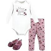 Hudson Baby Unisex Baby Cotton Bodysuit, Pant and Shoe Set, Plum Wildflower, 12-18 Months