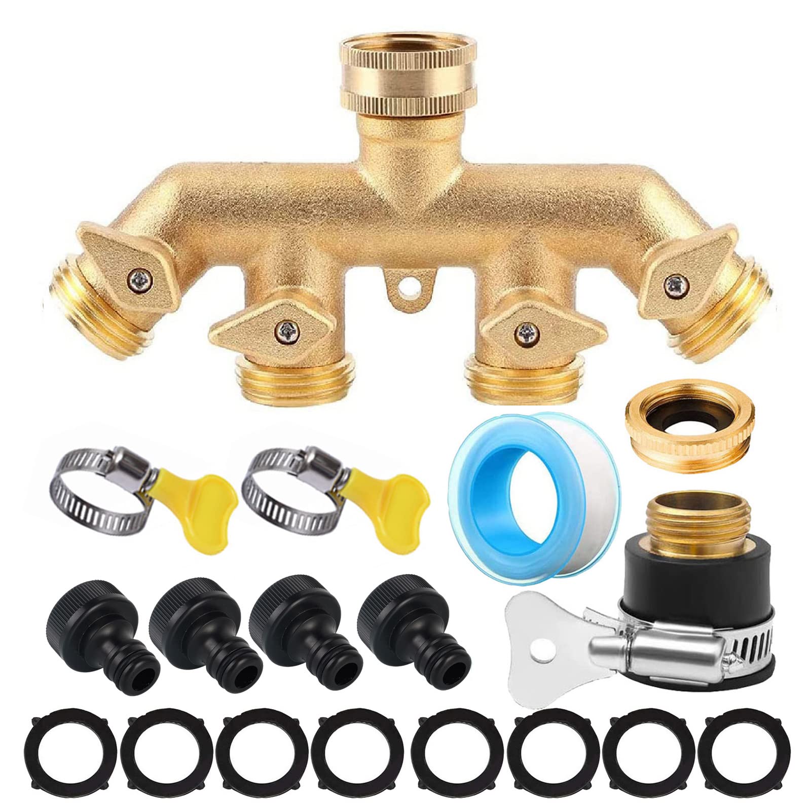 RoseFlower Heavy Duty Garden Hose Splitter 4 Way, 3/4" Solid Brass Hose Connector - Outdoor Water Taps Distributor Faucet Outlet Hose Adapter with 2 Clamp, 4 Valve, 4 Rubber Washer, 1 Leakproof Tape