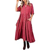 R.Vivimos Women's Summer Cotton Half Sleeves Button Down Casual Loose Slit Midi Dress with Pockets