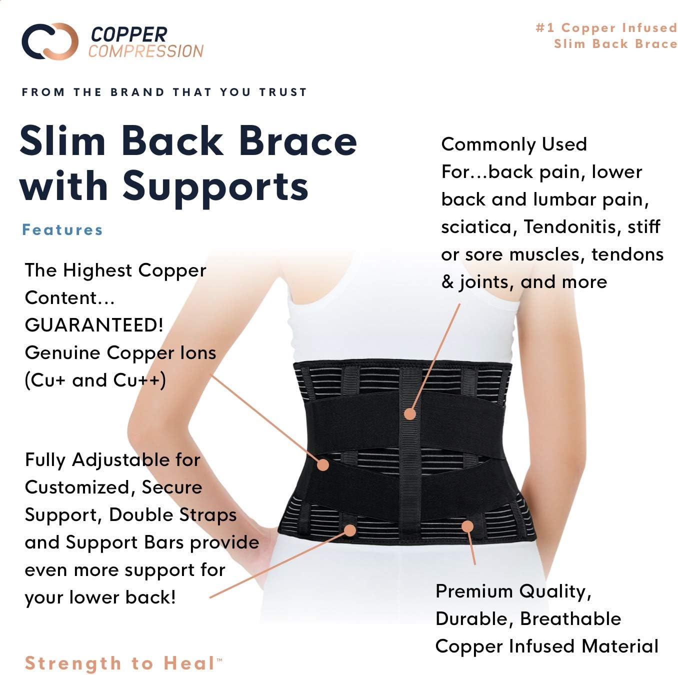 Copper Compression Slim Back Brace with Extra Support Bars Fit for Men