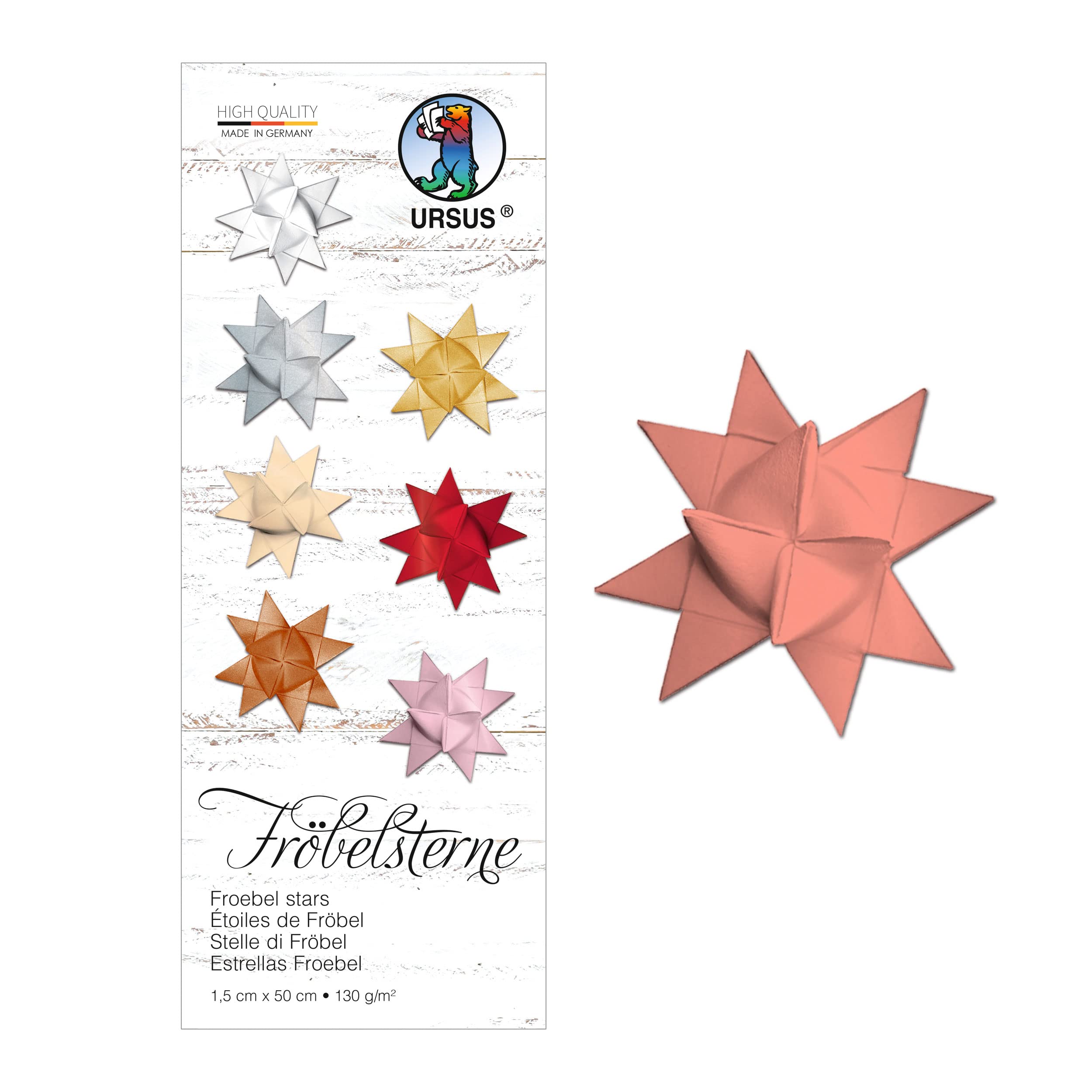 URSUS Moravian, Made of Coloured Drawing Paper 130 g/m 1.5 x 50 cm, 80 Strips for Approx. 20 Stars, Coral, One Size
